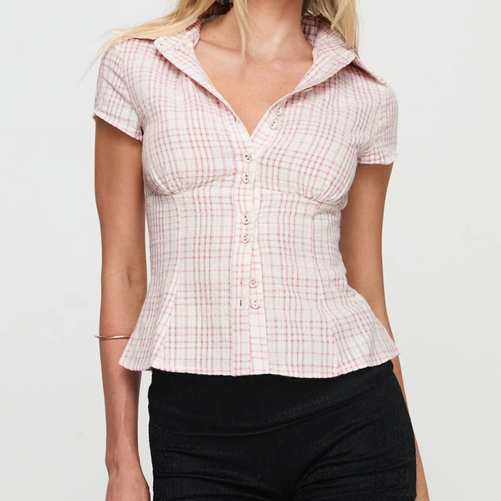 hirigin Women's Y2K Short Sleeve Plaid Button Down Shirt Button Down Blouses Tops Casual Summer Shirt Tops 90s Streetwear thumbnail 6