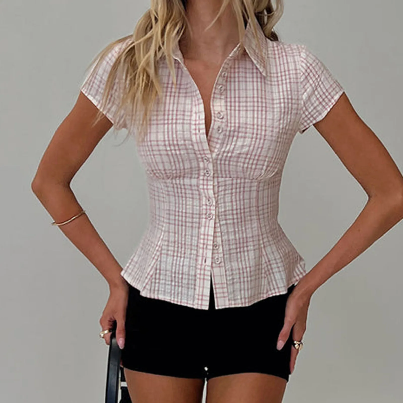 hirigin Women's Y2K Short Sleeve Plaid Button Down Shirt Button Down Blouses Tops Casual Summer Shirt Tops 90s Streetwear thumbnail 5
