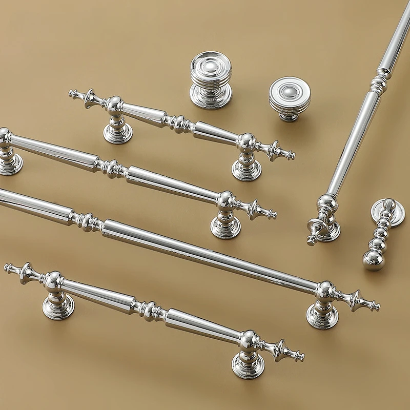 French Chromeplate Solid Brass Cabinet Knobs and Handles Luxury Bright Silver Handles for Furniture Dresser Drawer Handles