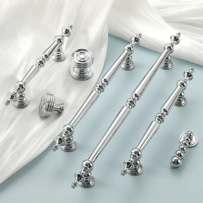French Chromeplate Solid Brass Cabinet Knobs and Handles Luxury Bright Silver Handles for Furniture Dresser Drawer Handles thumbnail 4