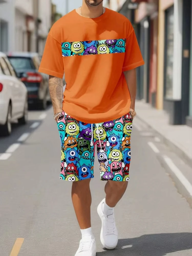Cute cartoon print summer casual men's suit urban fashion street short sleeved top and shorts casual lightweight breathable comf thumbnail 3