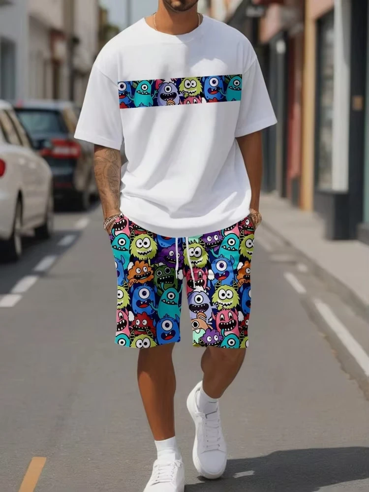 Cute cartoon print summer casual men's suit urban fashion street short sleeved top and shorts casual lightweight breathable comf thumbnail 4