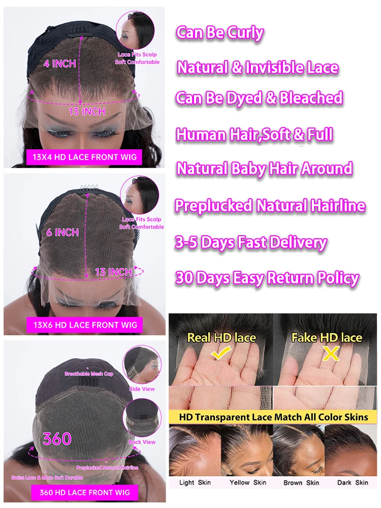 30 40 Inch Body Wave Human Hair Wigs 13x6 Hd Transparent Lace Front Wig 13x4 360 Lace Frontal Wig For Women Brazilian PrePlucked thumbnail 6