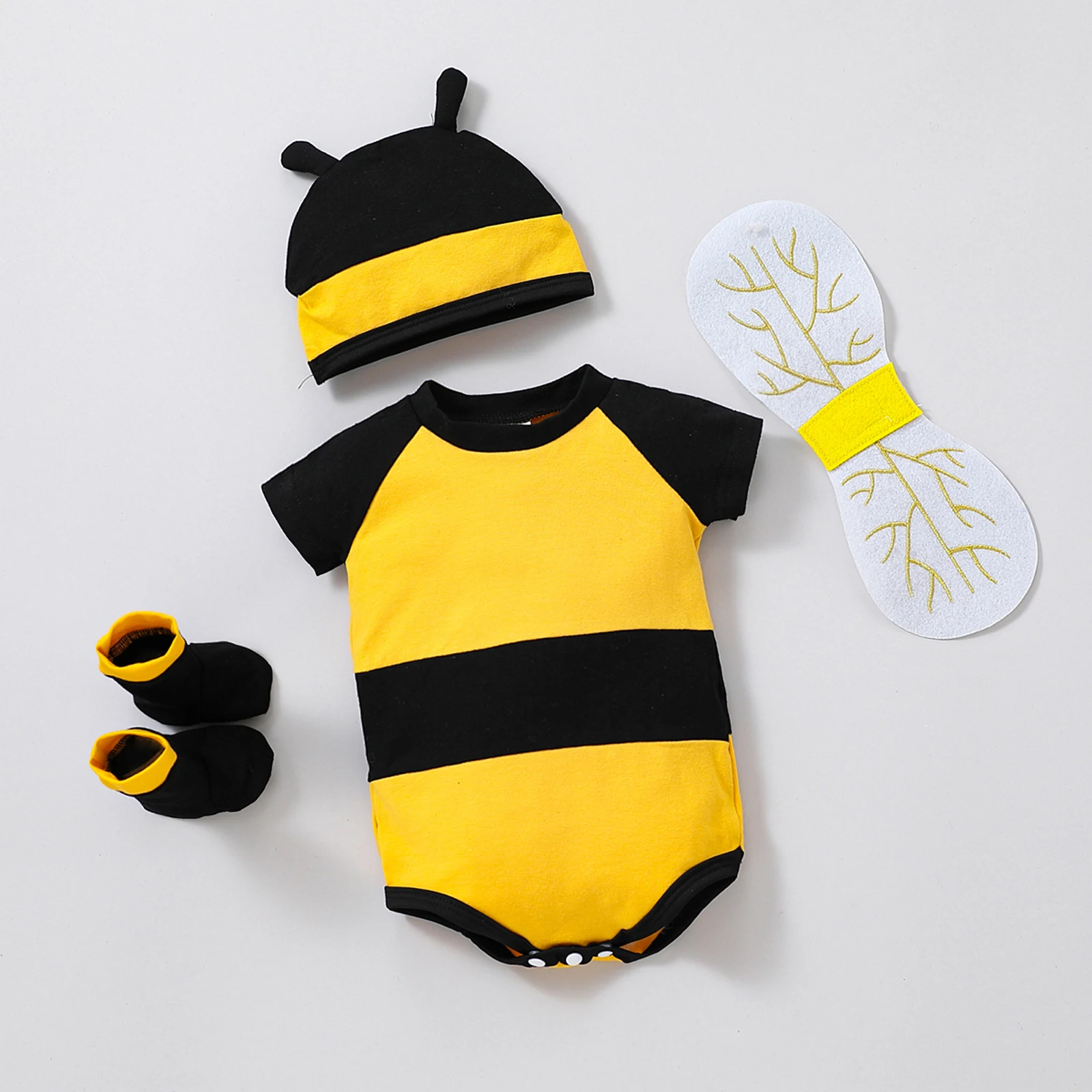 Newborn Infant Baby Bee Costume, Short Sleeve Honeybee Romper + Hat + Wings + Socks Set 0-12M