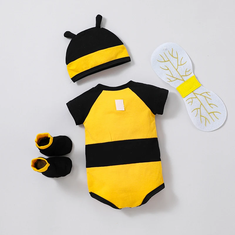 Newborn Infant Baby Bee Costume, Short Sleeve Honeybee Romper + Hat + Wings + Socks Set 0-12M thumbnail 2