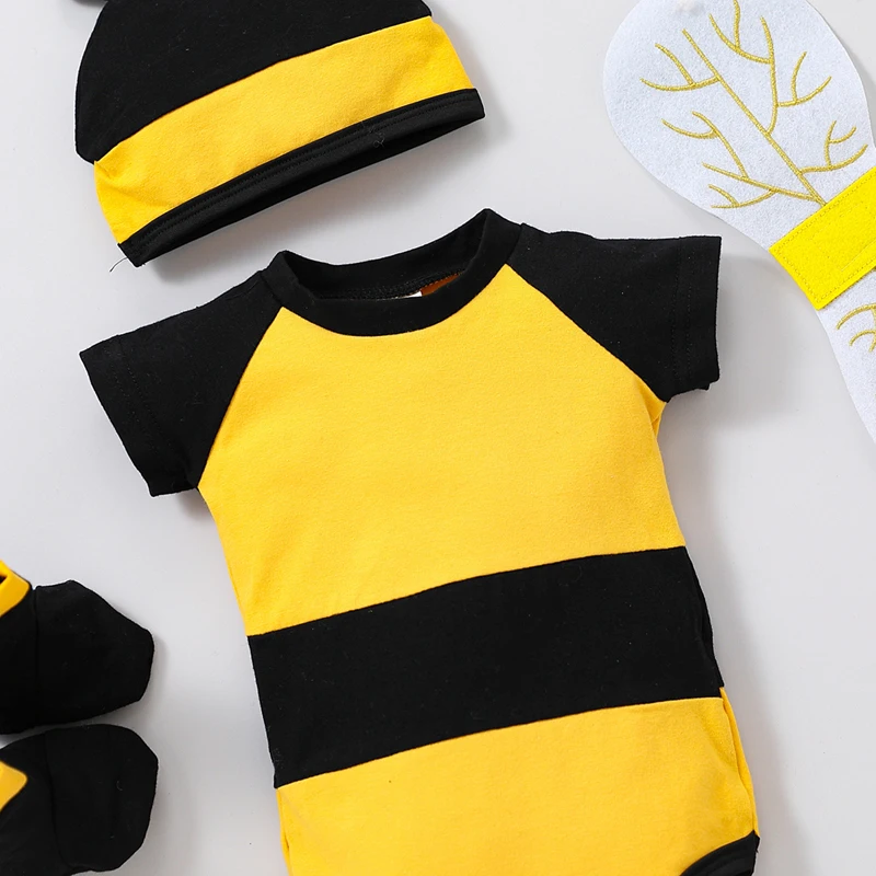 Newborn Infant Baby Bee Costume, Short Sleeve Honeybee Romper + Hat + Wings + Socks Set 0-12M thumbnail 6