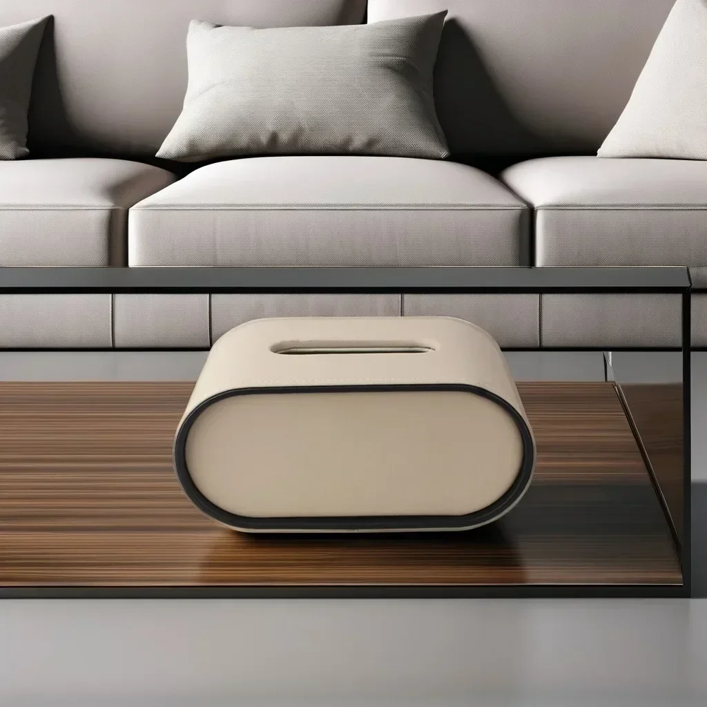 Light Luxury Paper Box High-end Living Room Creative Oval Leather Tissue Box Bedroom Desktop Napkin Storage Box Organization thumbnail 5