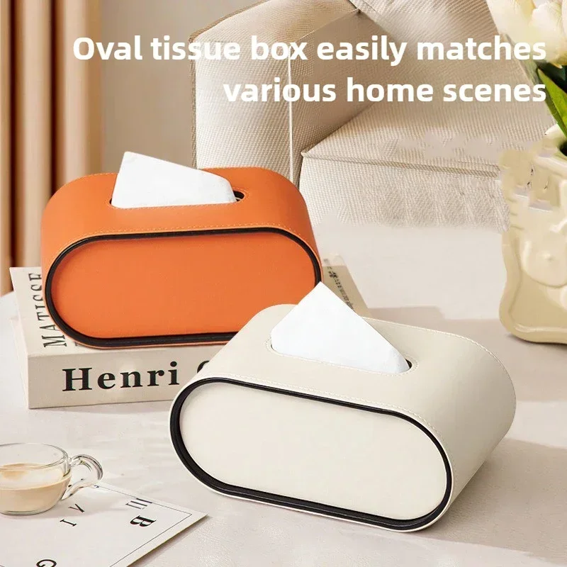 Light Luxury Paper Box High-end Living Room Creative Oval Leather Tissue Box Bedroom Desktop Napkin Storage Box Organization thumbnail 2