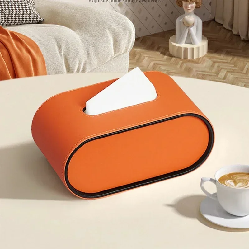 Light Luxury Paper Box High-end Living Room Creative Oval Leather Tissue Box Bedroom Desktop Napkin Storage Box Organization thumbnail 6