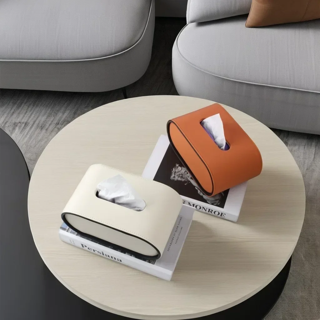 Light Luxury Paper Box High-end Living Room Creative Oval Leather Tissue Box Bedroom Desktop Napkin Storage Box Organization thumbnail 4