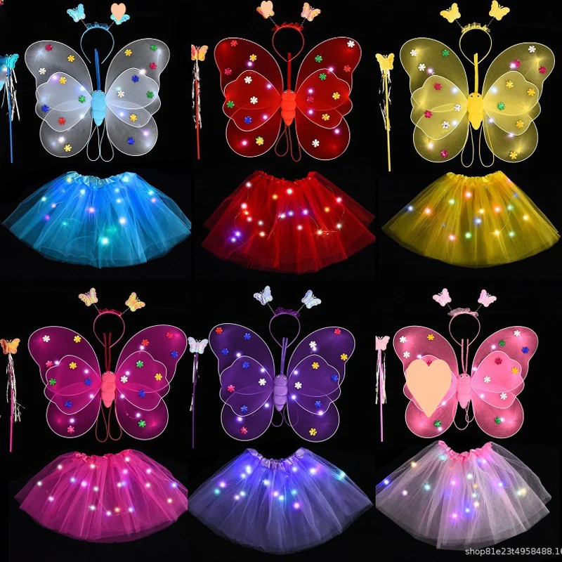 LED Light Butterfly Wings Girls Cosplay Costume Birthday Princess Dress Angel Luminous Wings Light Tutu Skirt Party Dress Up thumbnail 3