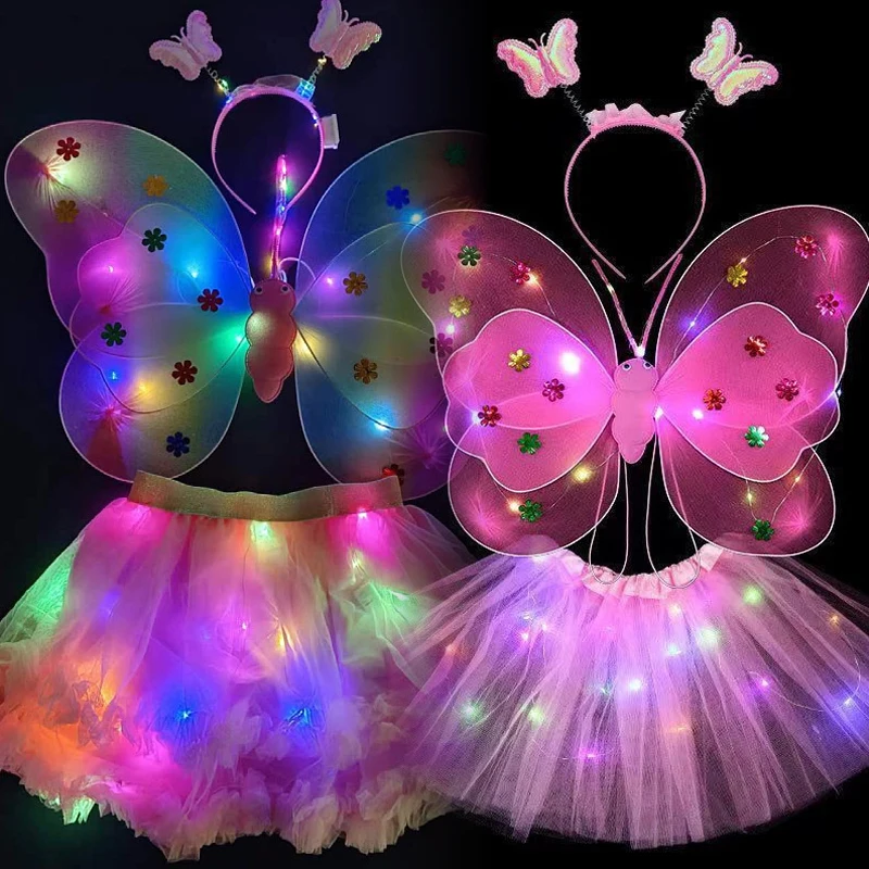 LED Light Butterfly Wings Girls Cosplay Costume Birthday Princess Dress Angel Luminous Wings Light Tutu Skirt Party Dress Up thumbnail 4