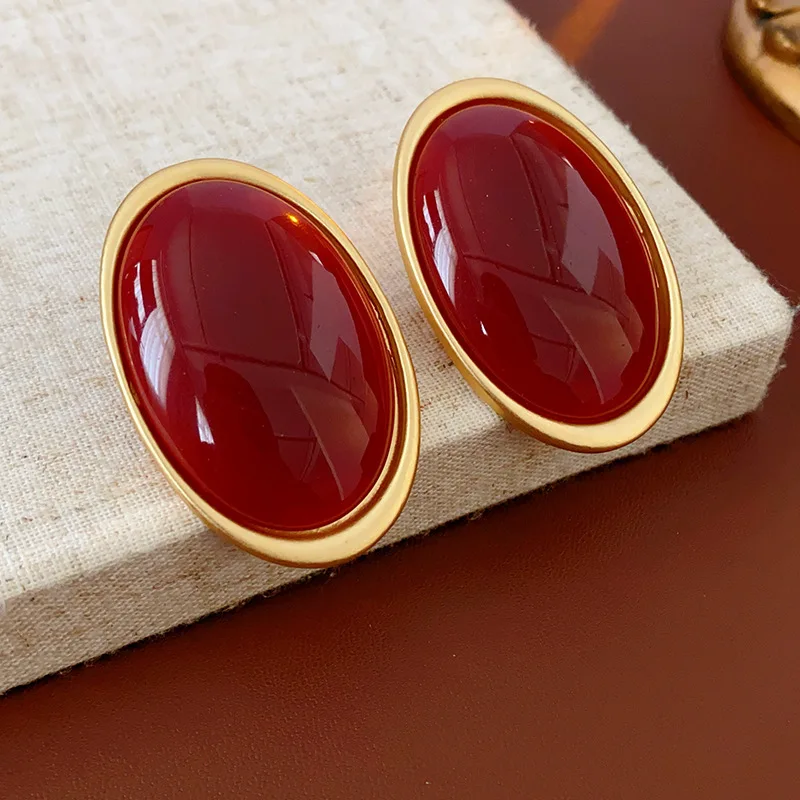Vintage Red Resin Women's Earrings Stud Earrings Luxury large Geometric Oval earrings Party Wedding Ear Jewelry Wholesale thumbnail 4