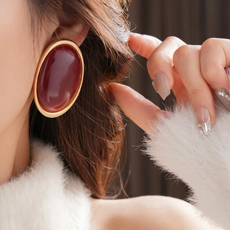 Vintage Red Resin Women's Earrings Stud Earrings Luxury large Geometric Oval earrings Party Wedding Ear Jewelry Wholesale thumbnail 3
