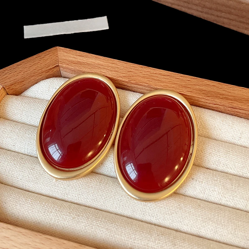 Vintage Red Resin Women's Earrings Stud Earrings Luxury large Geometric Oval earrings Party Wedding Ear Jewelry Wholesale thumbnail 5