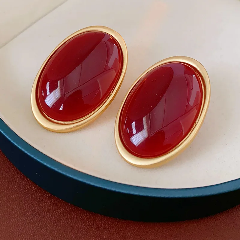 Vintage Red Resin Women's Earrings Stud Earrings Luxury large Geometric Oval earrings Party Wedding Ear Jewelry Wholesale thumbnail 2