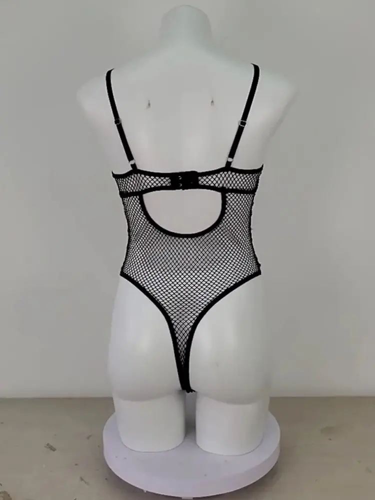S-XXL Deep V-neck Faux PU Leather Bodysuit Mesh Patchwork See Through Swimsuit Tights Sexy Body Teddies Clubwear Leotard Unitard thumbnail 6