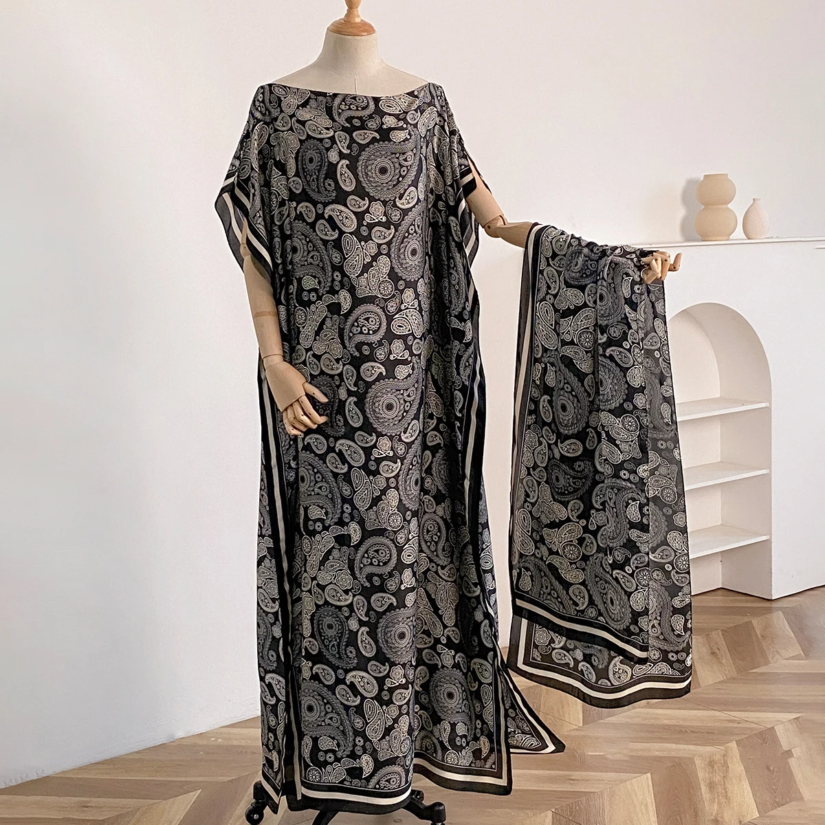 NEW Fashion Summer Dress With Big Scarf Dubai Turkey Kaftan Muslim Loose Abaya Women African Casual Maxi Peacock Shawl Robe thumbnail 6