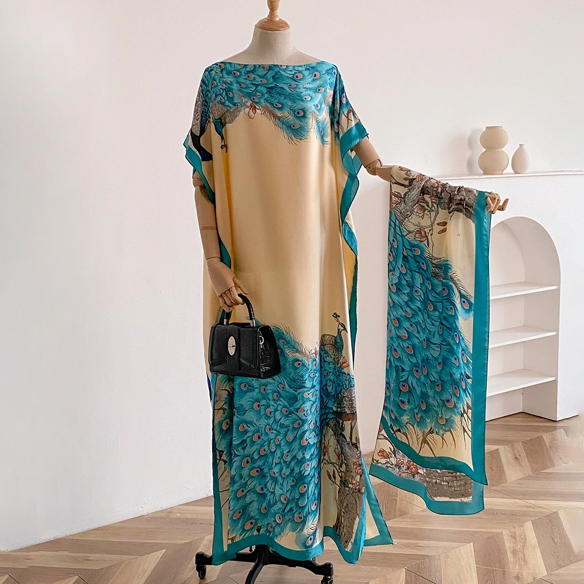 NEW Fashion Summer Dress With Big Scarf Dubai Turkey Kaftan Muslim Loose Abaya Women African Casual Maxi Peacock Shawl Robe thumbnail 3