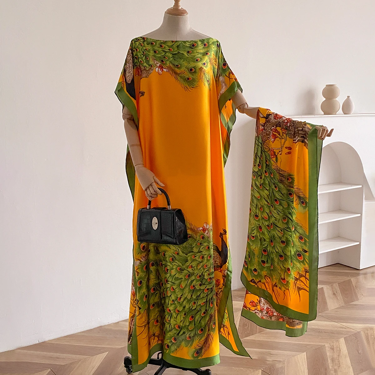 NEW Fashion Summer Dress With Big Scarf Dubai Turkey Kaftan Muslim Loose Abaya Women African Casual Maxi Peacock Shawl Robe thumbnail 2