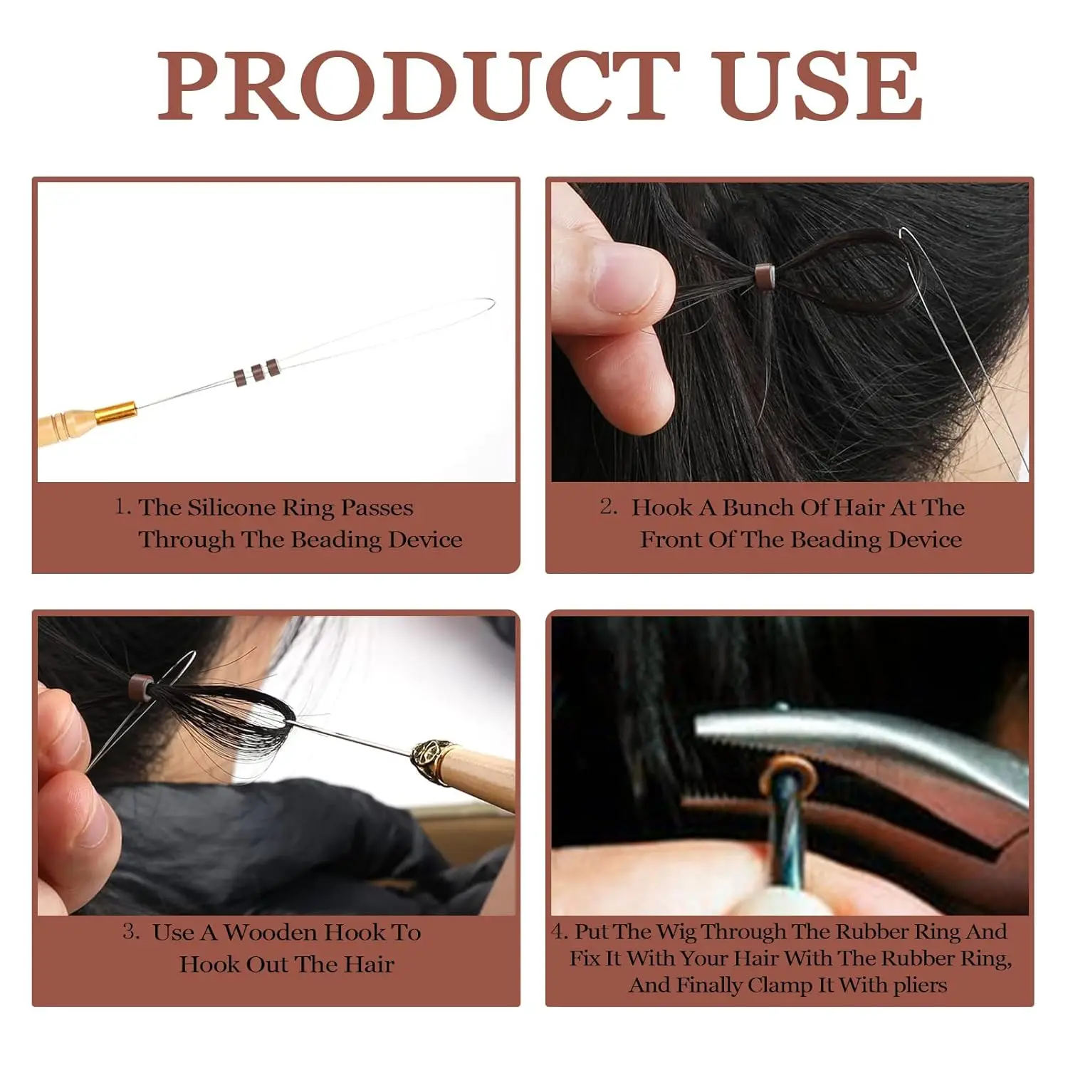 Hair Extensions Tools Kit 100 Pcs Black Dark Brown Light Brown Gold Micro Ring Beads 1 Micro Beads Plier 1 Hook Needle Pulling thumbnail 4