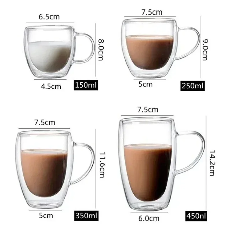 150/250/350ml Heat Resistant Glass Cups Double Wall Glass Coffee Cup with Handle Breakfast Milk Water Cup Clear Juice beer Cups thumbnail 6