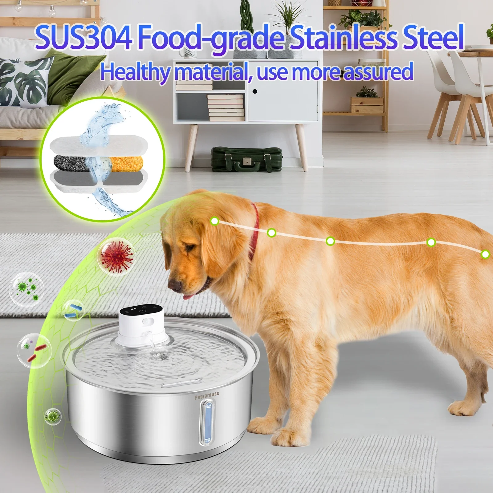 Petavista 8L Automatic Stainless Steel Dog Water Fountain 5000mAh Wireless Pet Drinker Battery & Sensor 2 in 1 Dispenser for Dog thumbnail 2