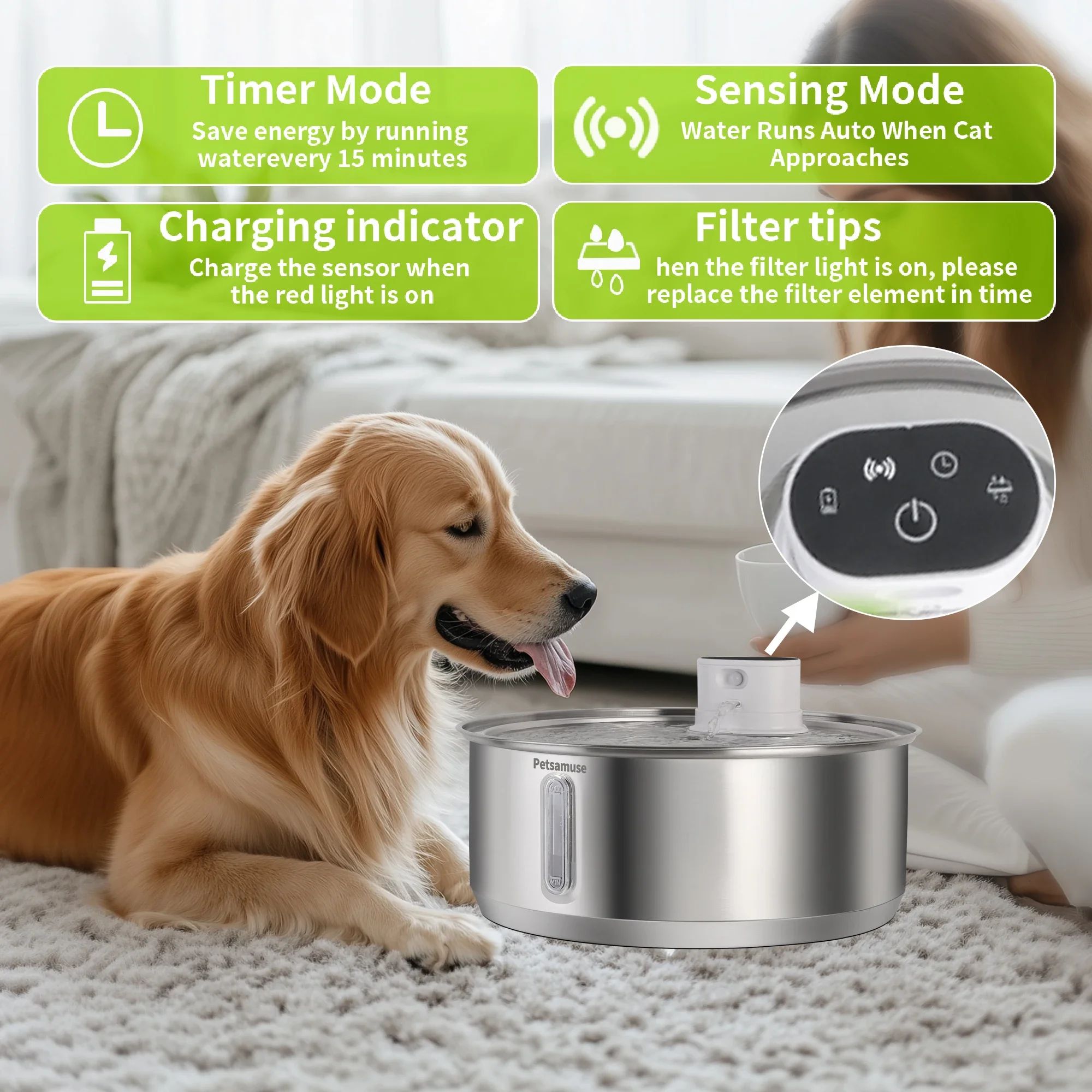 Petavista 8L Automatic Stainless Steel Dog Water Fountain 5000mAh Wireless Pet Drinker Battery & Sensor 2 in 1 Dispenser for Dog thumbnail 3