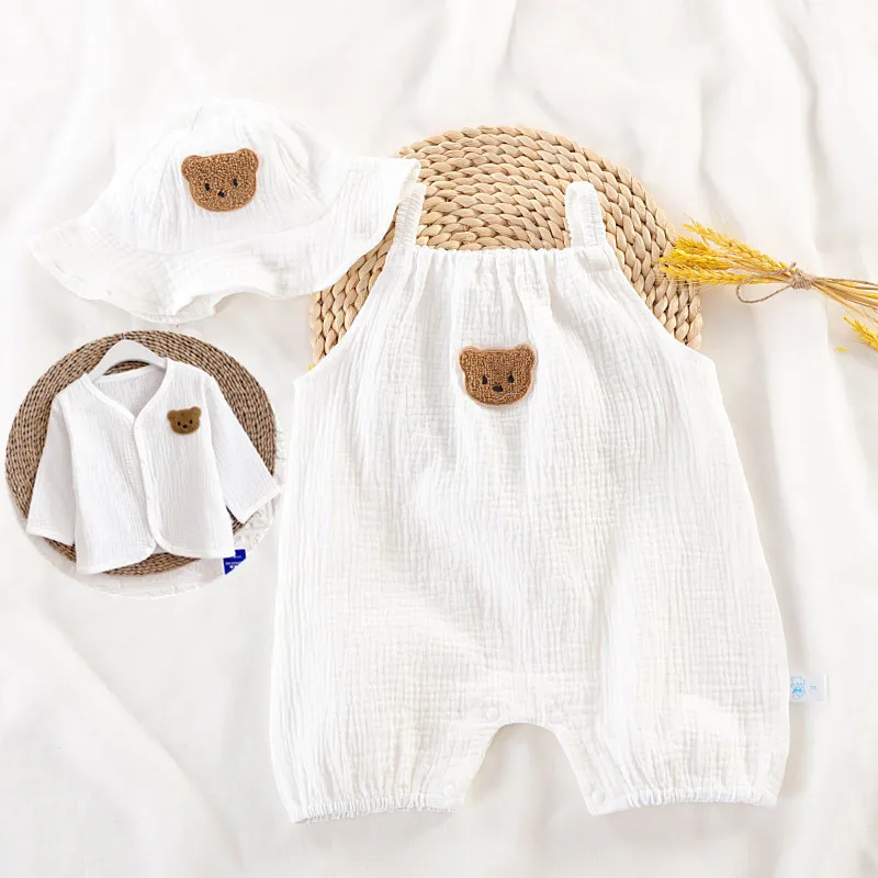 3Pcs Muslin Baby Jumpsuit Coat Hat Bear Baby Summer Clothes Set Kids Coat Romper White Toddler Outfit Suit Infant Clothing 0-3T thumbnail 6