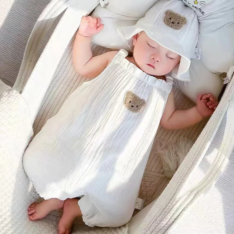 3Pcs Muslin Baby Jumpsuit Coat Hat Bear Baby Summer Clothes Set Kids Coat Romper White Toddler Outfit Suit Infant Clothing 0-3T thumbnail 5