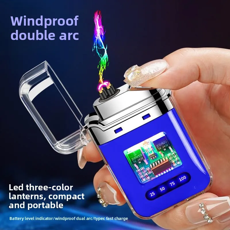 Electric Double Arc USB Rechargeable Lighter Plasma Outdoor Windproof Battery Display Type-C Smoking Accessories Men's Gifts