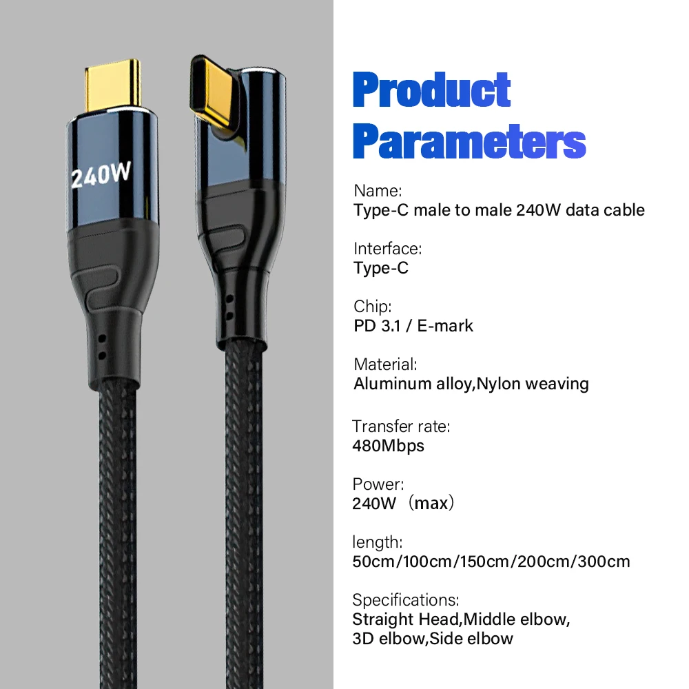 PD 240W USB Type C To C Fast charge Cable for iPhone 15 16 Pro Max iPad Macbook Air Samsung Data Charger Wire 1m 2m 3m 90 Degree thumbnail 6