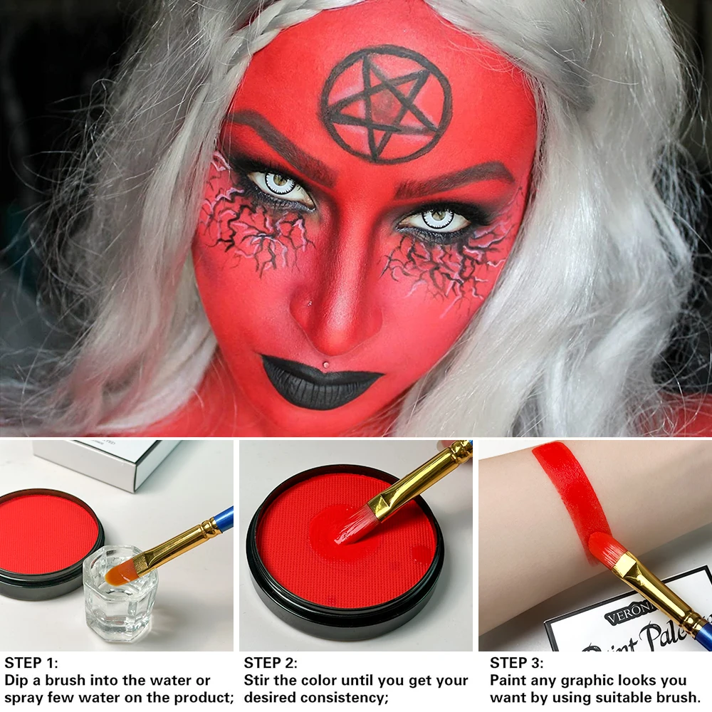 Black White Red 30G Monochromatic Water Solubility Body Makeup Face Paint with Brushes for Halloween Christmas Masquerade Party thumbnail 4