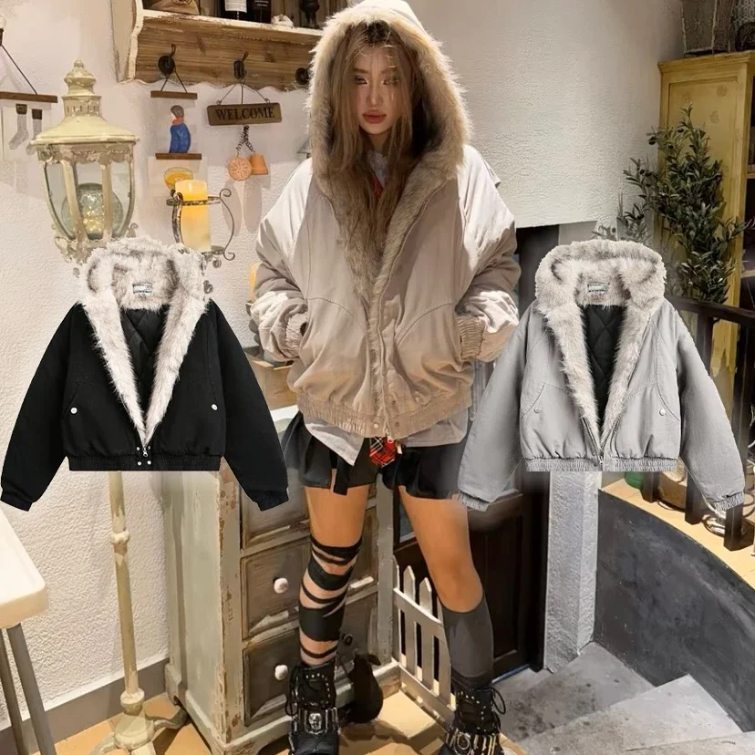 Retro Y2K Winter Warm Clothing Men Women Simple Plush Coat Sportswear New Loose Leather Motorcycle Punk Fur Collar Jacket Couple