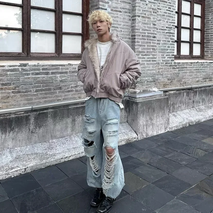 Retro Y2K Winter Warm Clothing Men Women Simple Plush Coat Sportswear New Loose Leather Motorcycle Punk Fur Collar Jacket Couple thumbnail 2