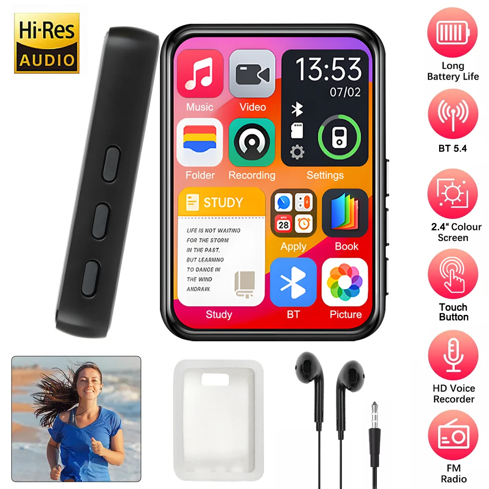 MP3 Music Player with Bluetooth 5.4 Walkman Touch Screen Buttons Built-in HD Speaker FM Radio Recorder E-book