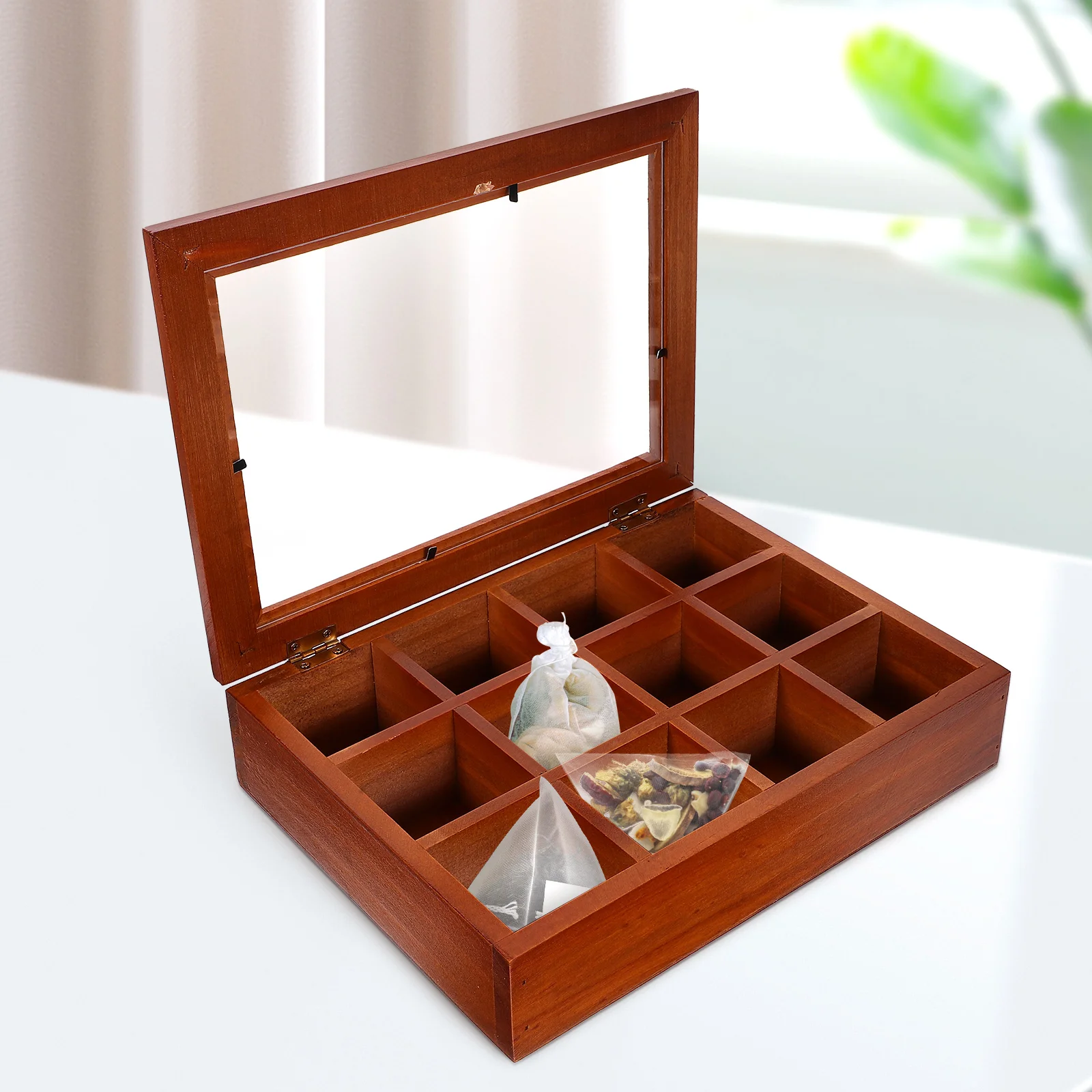 Wooden Tea Box 12 Grids Tea Bag Holder Sugar Packets Spice Pouches Storage Case Instant Coffee Bag Boxes With Clear Lid thumbnail 5