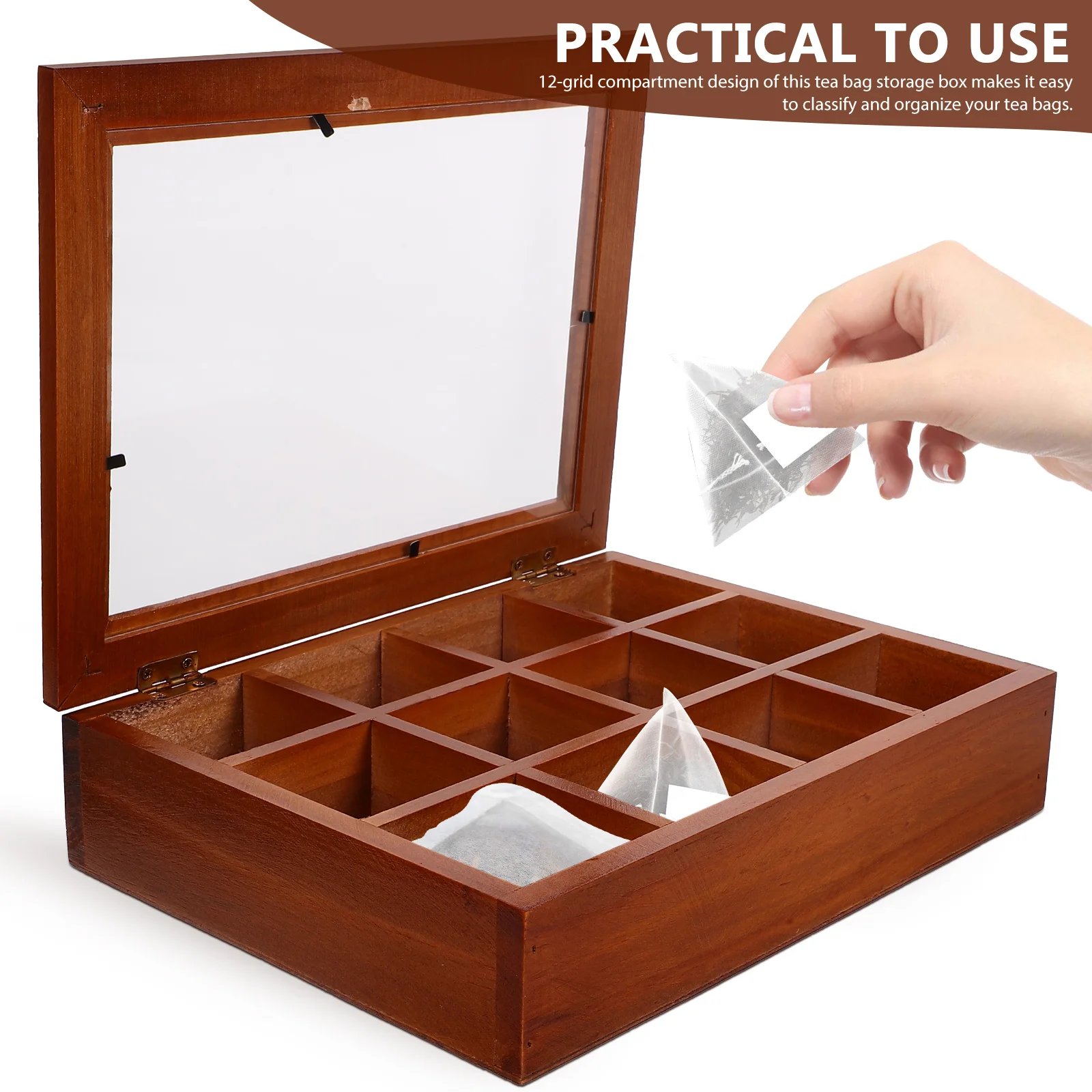 Wooden Tea Box 12 Grids Tea Bag Holder Sugar Packets Spice Pouches Storage Case Instant Coffee Bag Boxes With Clear Lid thumbnail 3