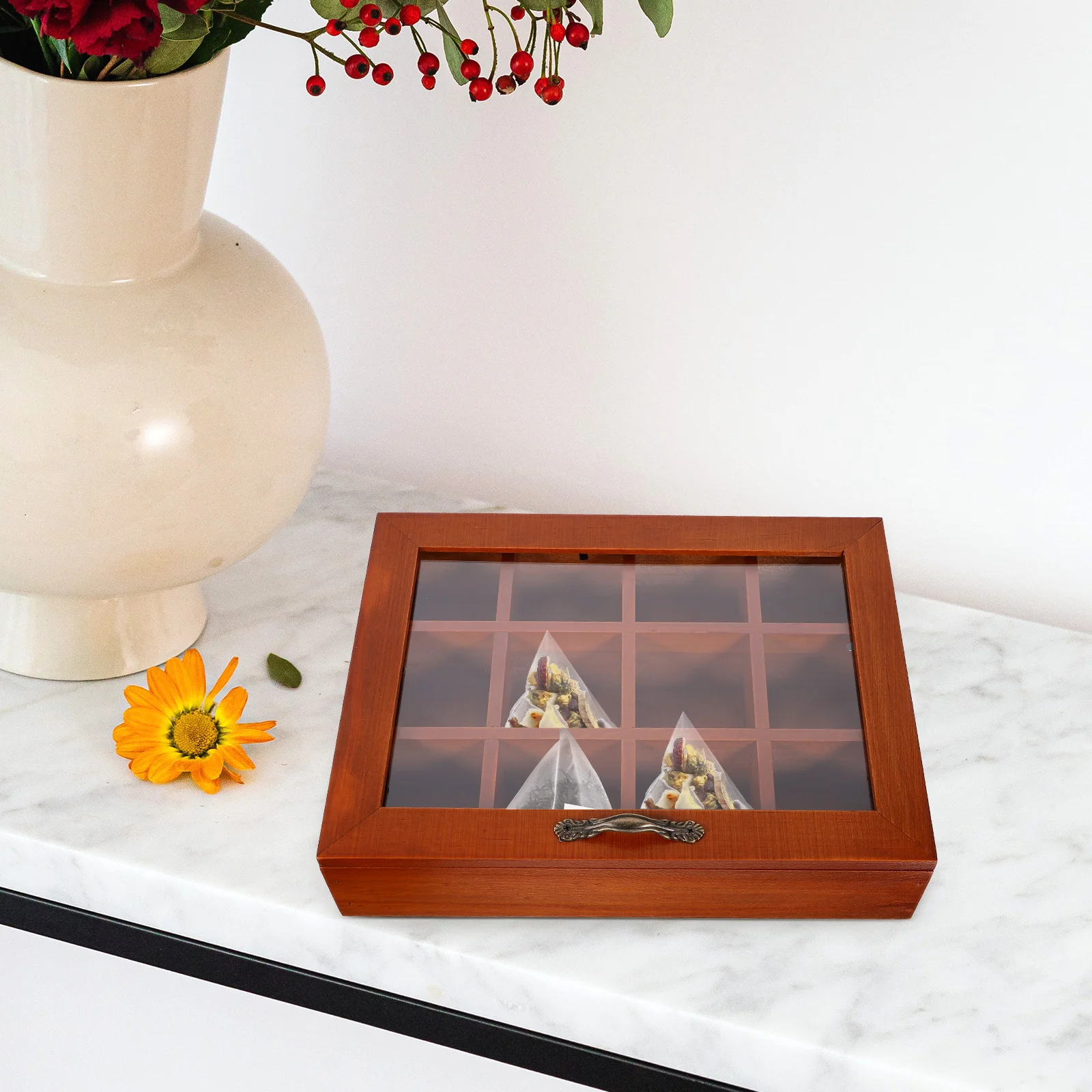 Wooden Tea Box 12 Grids Tea Bag Holder Sugar Packets Spice Pouches Storage Case Instant Coffee Bag Boxes With Clear Lid thumbnail 4