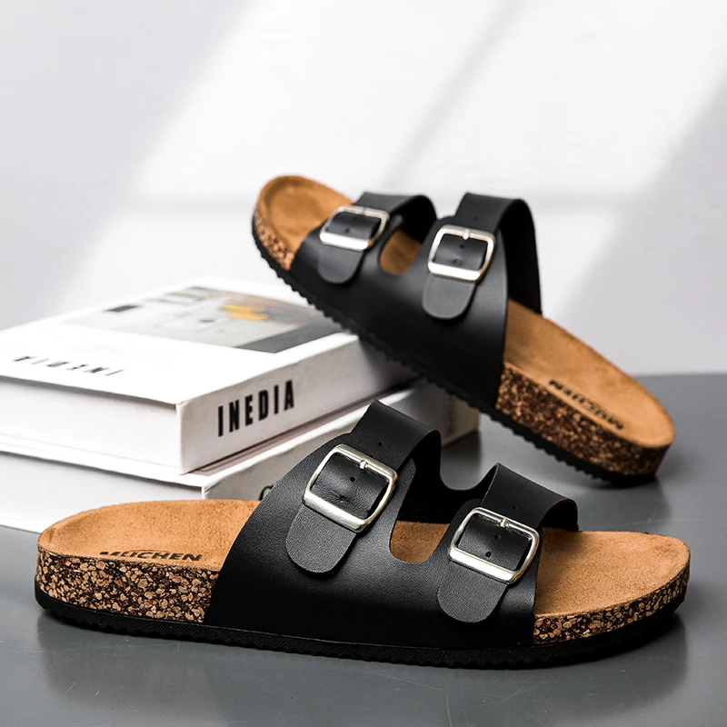 New Leather Cork Flip-flops Male Couple Retro Summer Wear Muller Slippers Fashion Casual Beach Sandals thumbnail 2