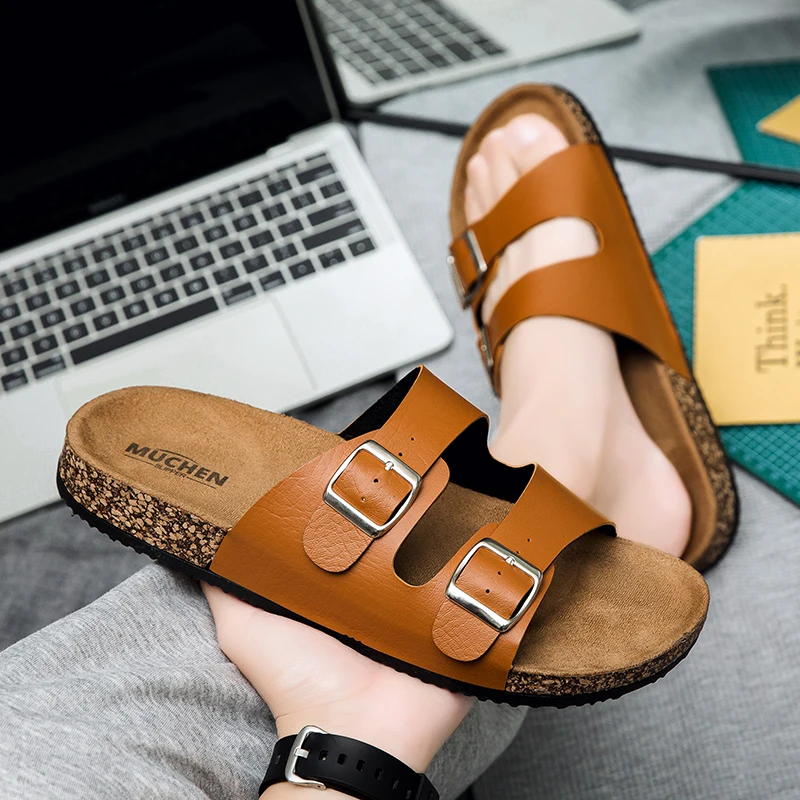 New Leather Cork Flip-flops Male Couple Retro Summer Wear Muller Slippers Fashion Casual Beach Sandals thumbnail 6