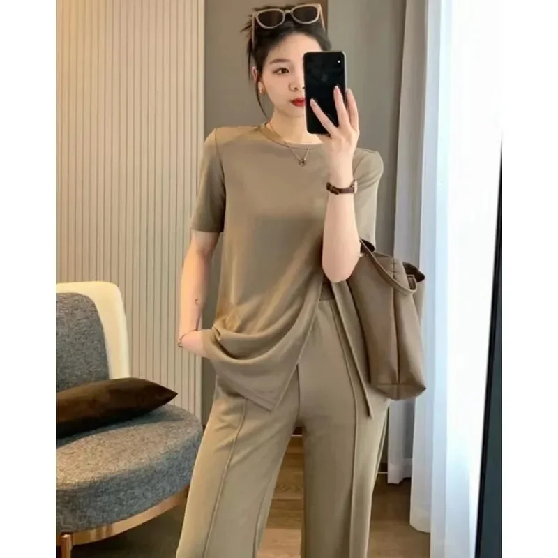 Ice Silk Wide Leg Pants Summer Korean Fashion plus Size Loose Design Sense Slit Short Sleeve Top Bottoms Trendy Set