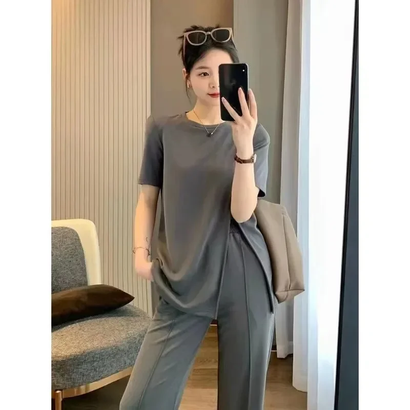 Ice Silk Wide Leg Pants Summer Korean Fashion plus Size Loose Design Sense Slit Short Sleeve Top Bottoms Trendy Set thumbnail 4