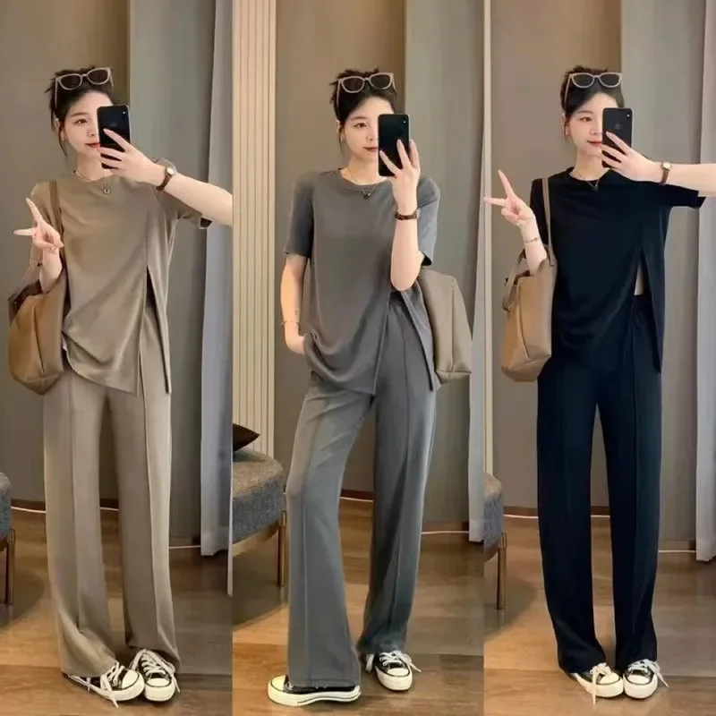Ice Silk Wide Leg Pants Summer Korean Fashion plus Size Loose Design Sense Slit Short Sleeve Top Bottoms Trendy Set thumbnail 2