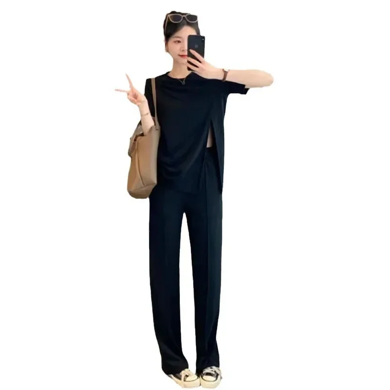 Ice Silk Wide Leg Pants Summer Korean Fashion plus Size Loose Design Sense Slit Short Sleeve Top Bottoms Trendy Set thumbnail 5