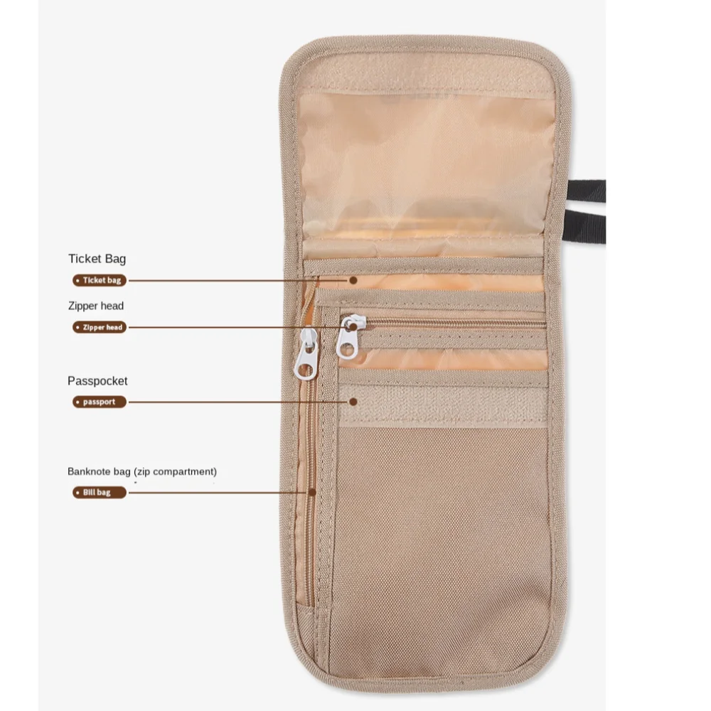 Travel Accessories Travel Wallet Nylon Ticket Holder Travel Neck Pouch Passport Protective Cover Khaki Black Passport Wallet thumbnail 5