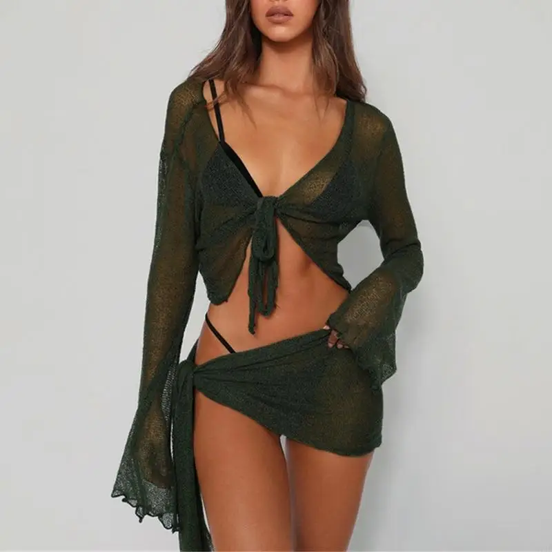 R7UF Womens Long Sleeve Sheer Mesh 2 Piece Swimsuit Beach Cover Up Dress Tie Knot Bandage Crop Top and Mini Skirt Sarongs thumbnail 5
