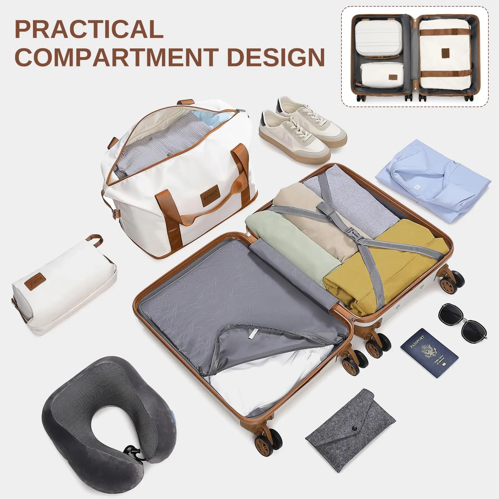 Kono  Fashion Luggage Set, Lightweight ABS Hard Shell Trolley Suitcases with TSA Lock, 4 Spinner Wheels (2/3/4/6 Pcs Set) thumbnail 5