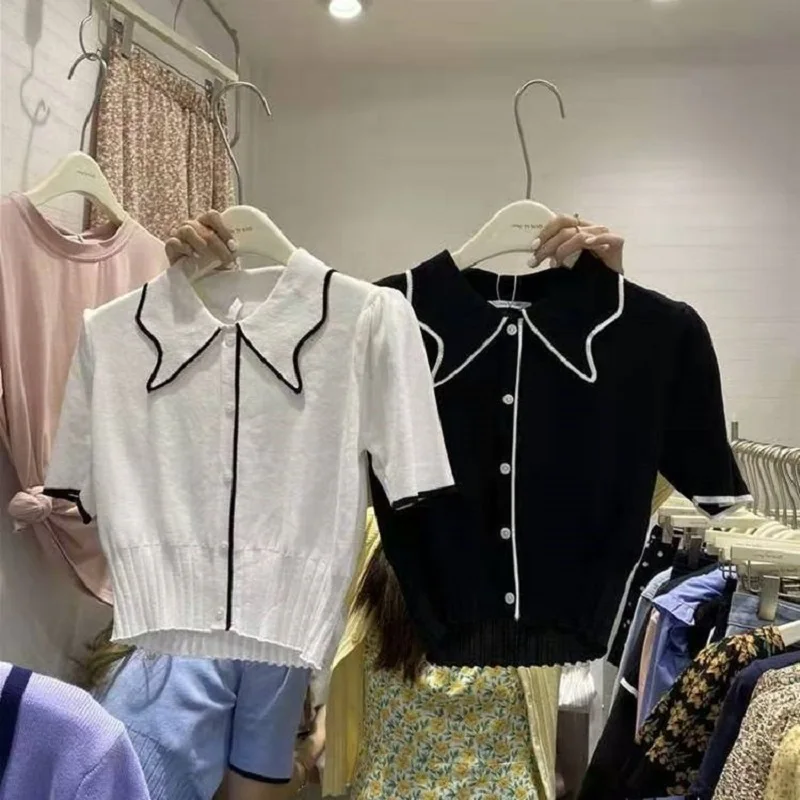 Women Sweater Korean Fashion Viscose Color Block Pullover Lapel Collar Knit with Princess Sleeve for Spring Summer Clothing thumbnail 2