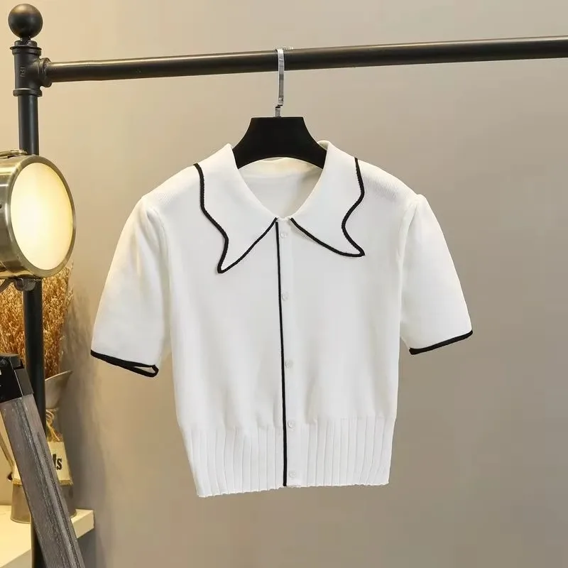 Women Sweater Korean Fashion Viscose Color Block Pullover Lapel Collar Knit with Princess Sleeve for Spring Summer Clothing thumbnail 5